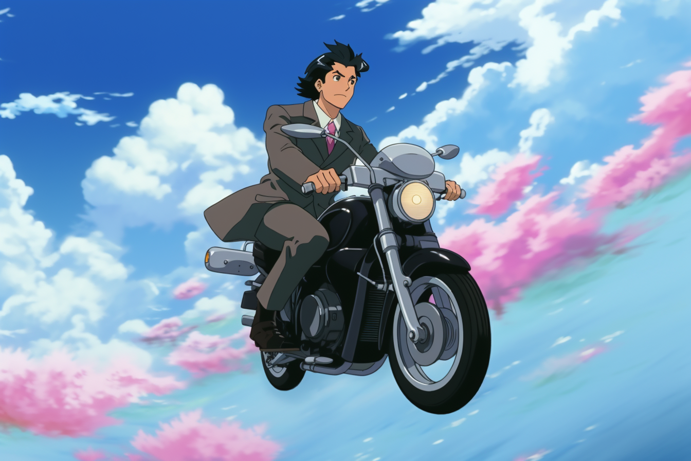 Studio Ghibli anime character riding motorcycle