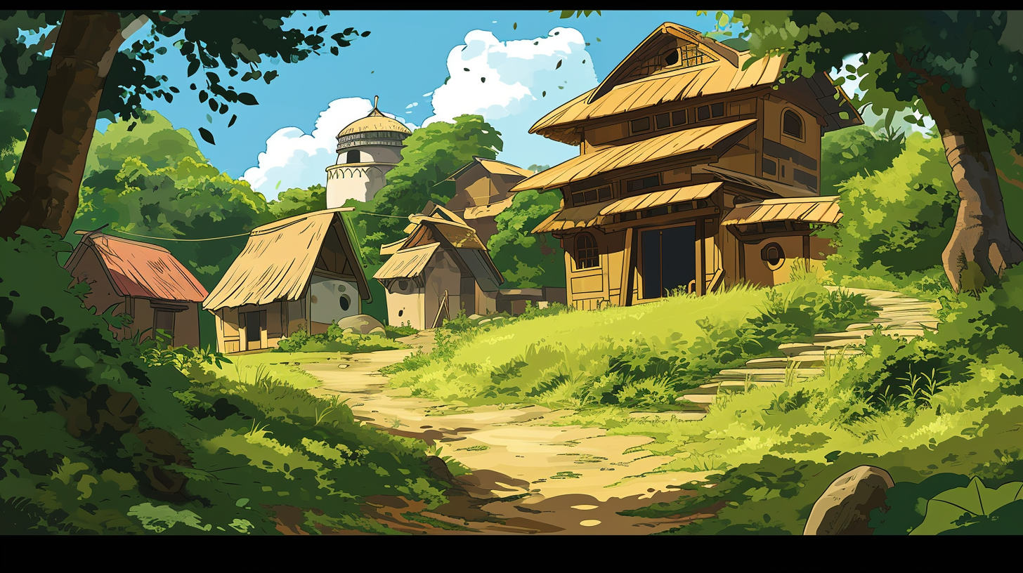 Peaceful village scenery from Ghibli anime