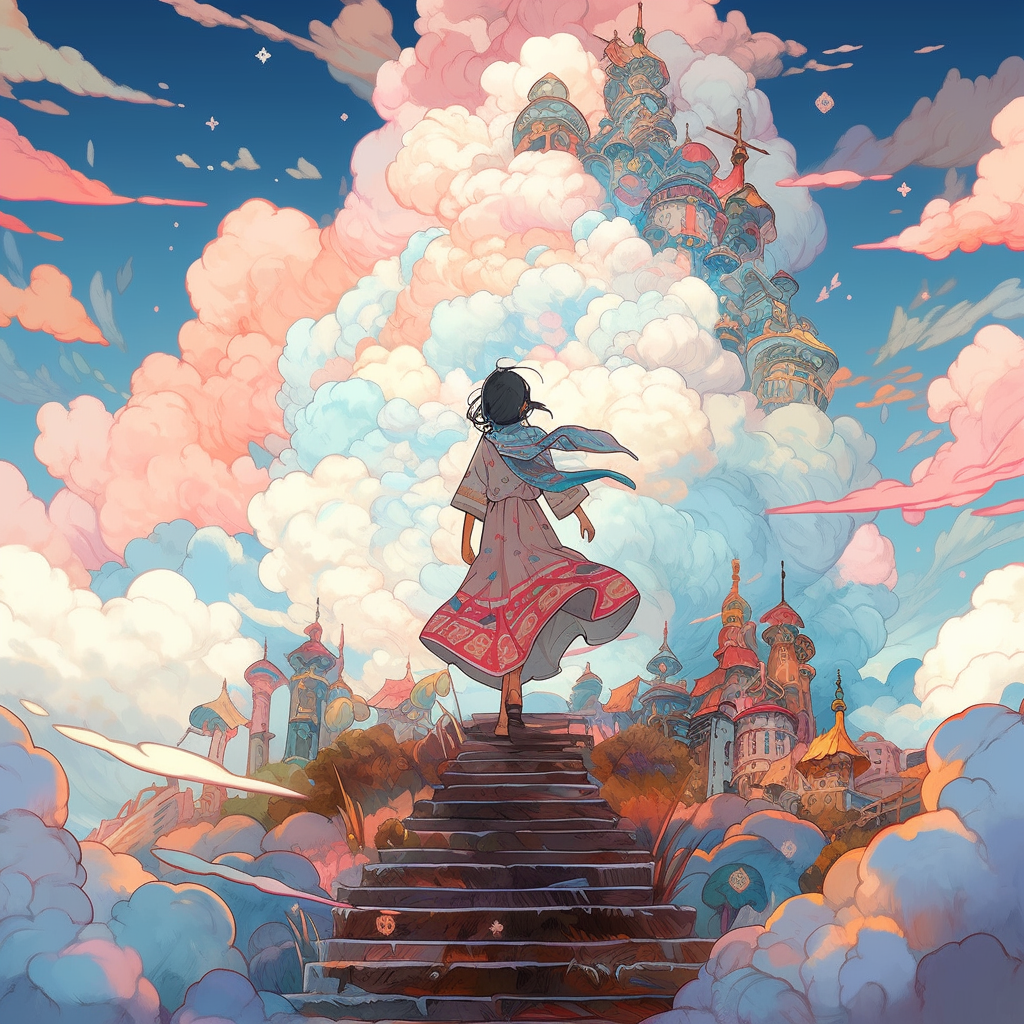 Girl Walking on Clouds in Studio Ghibli Illustration