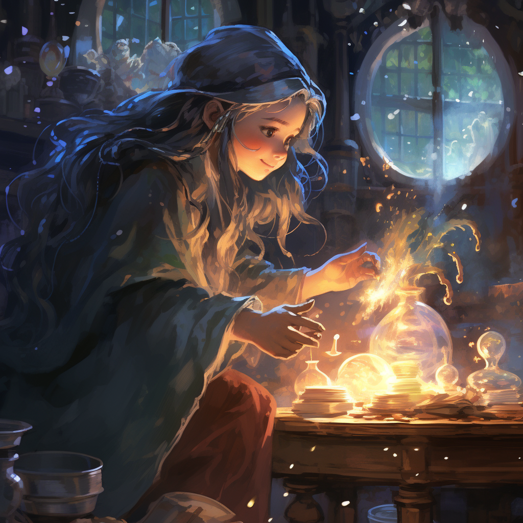 Little girl in cloak adoring wizard's spellcasting