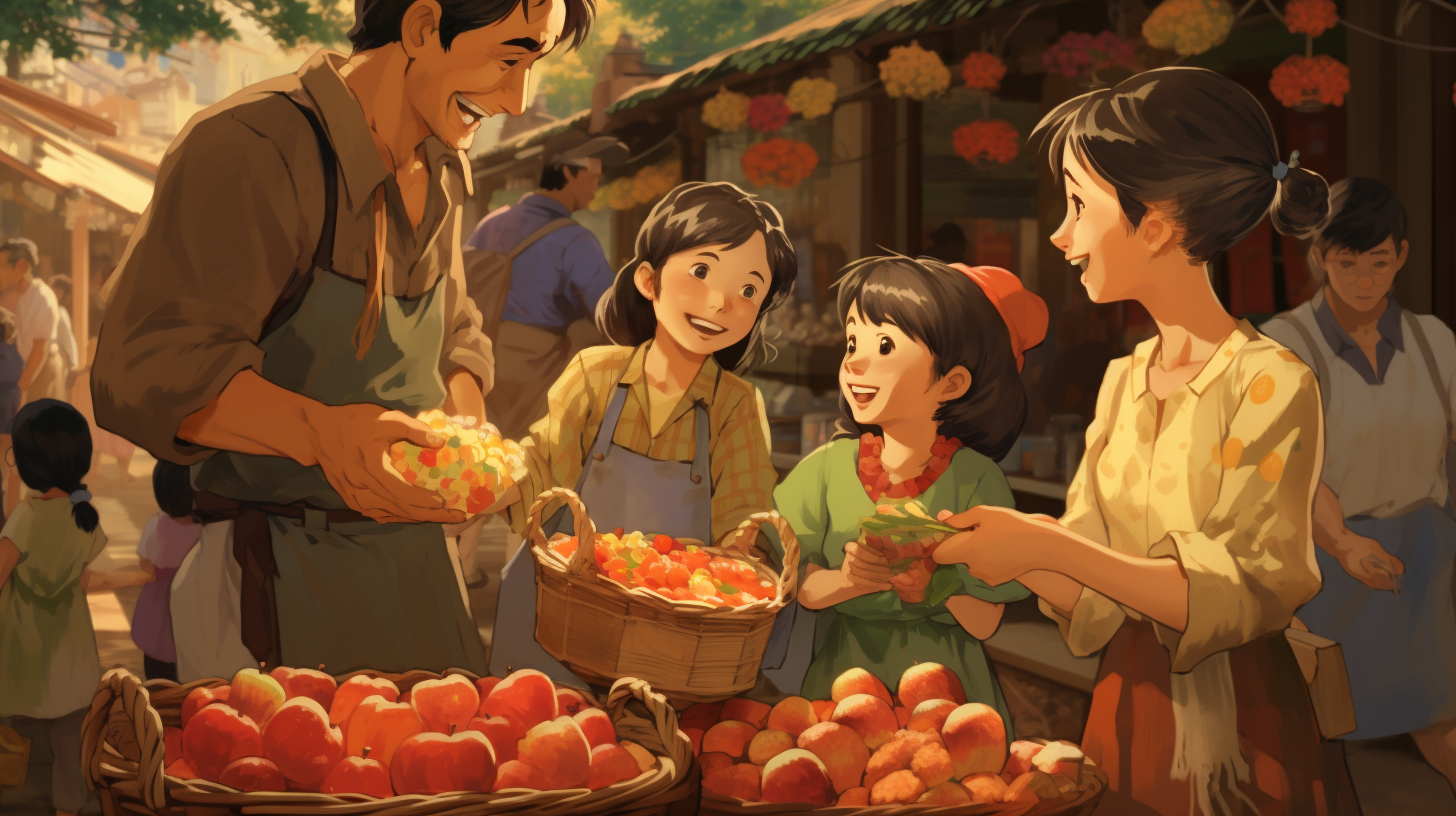 Customers buying apples at Ghibli Studio