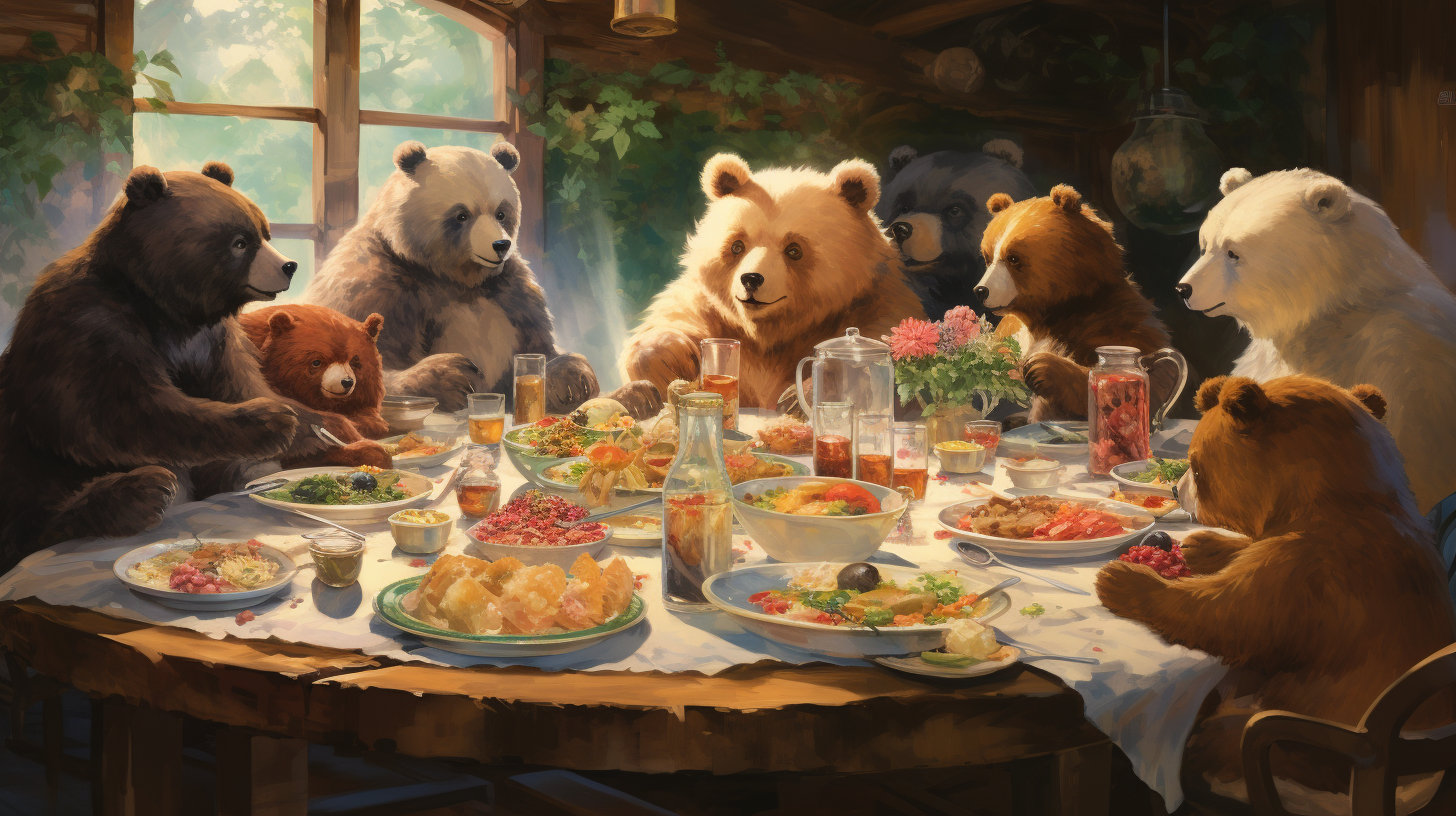 Hungry bears devouring scrumptious food