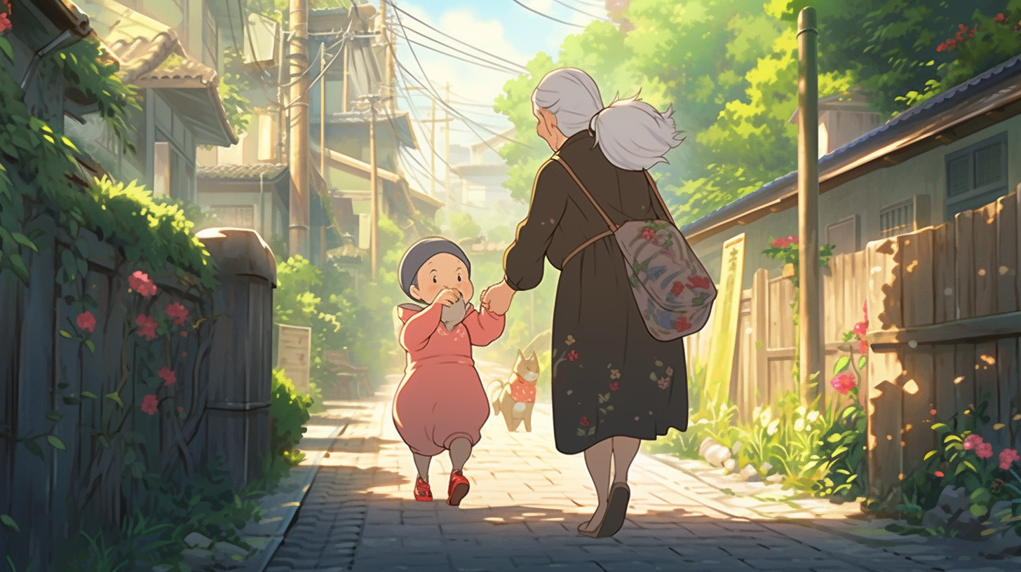 Elderly grandmother and grandchild walking hand in hand