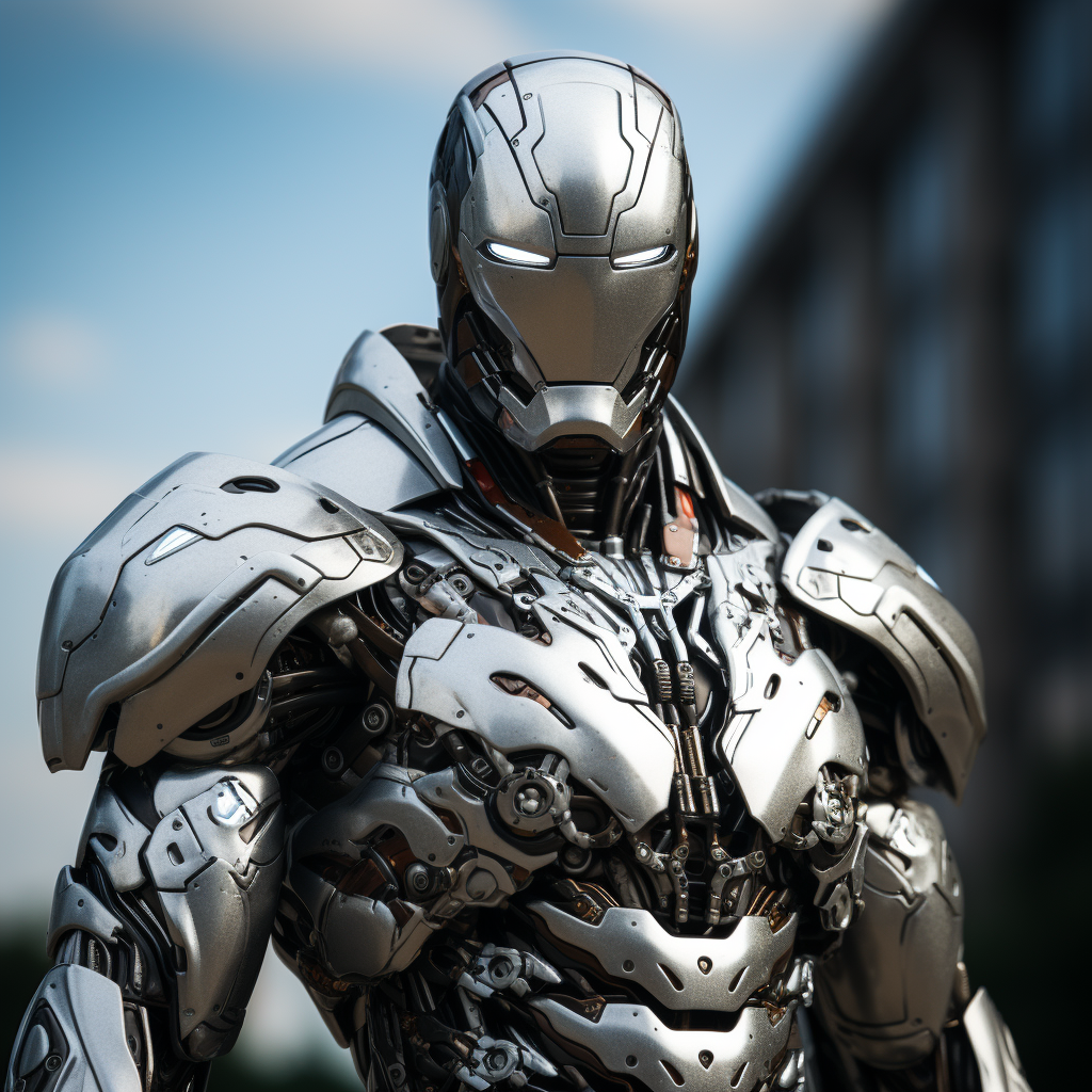 Silver armored superhero in apocalyptic setting