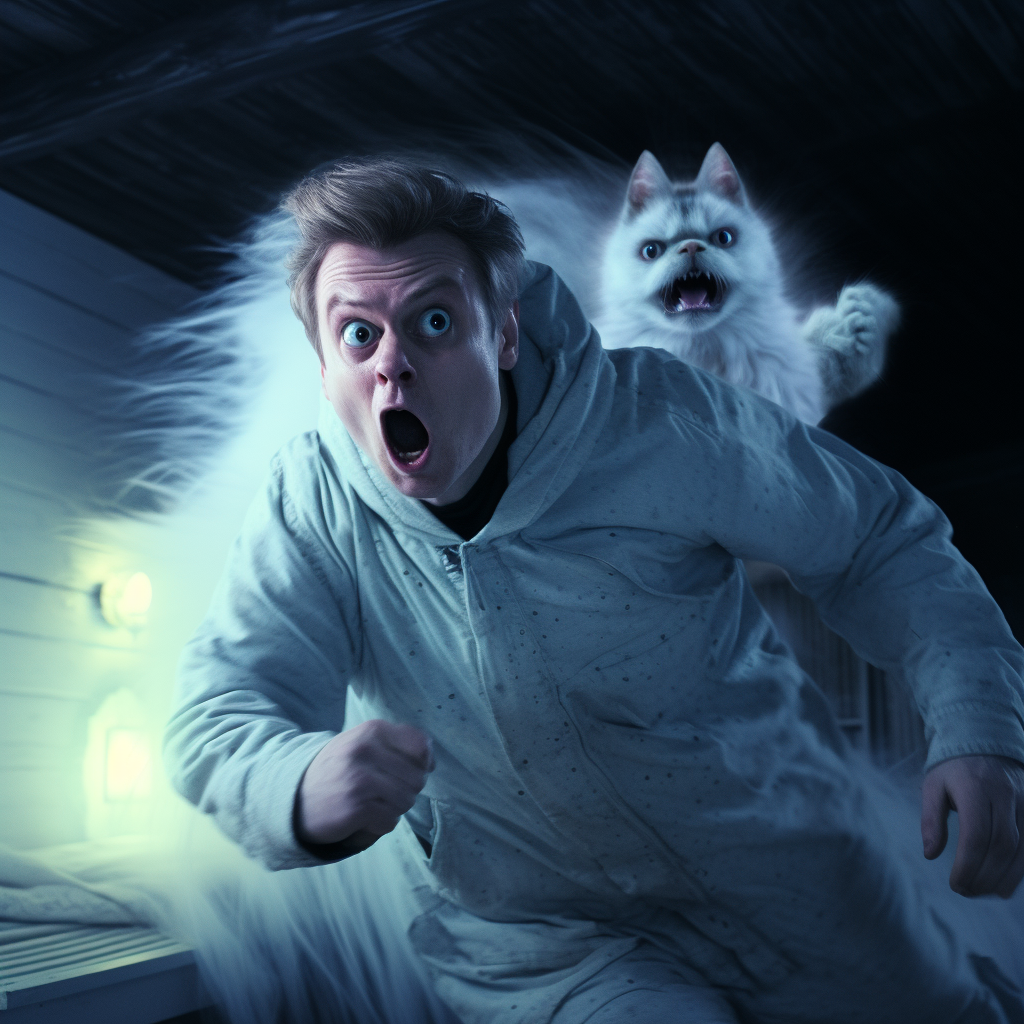 Ghost cat running across man's back