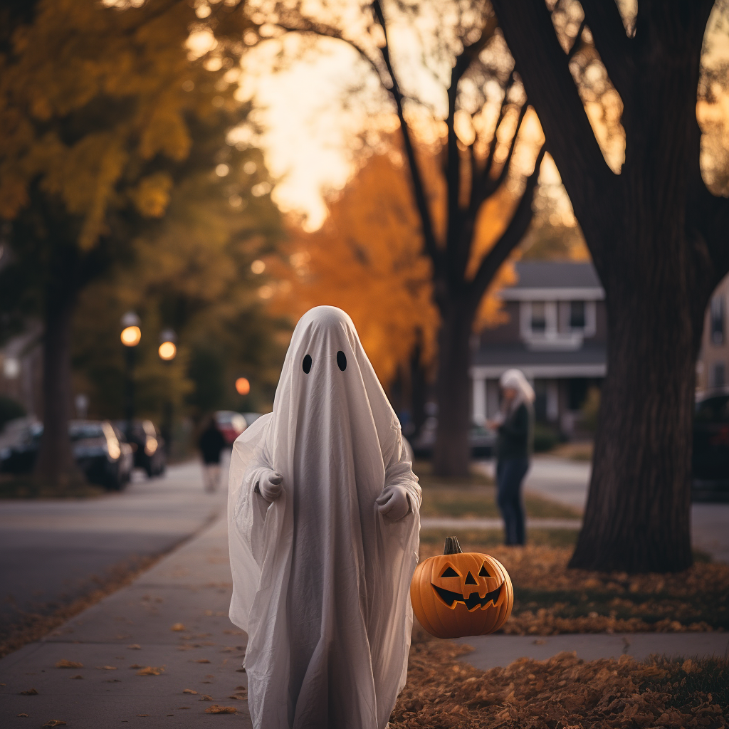 Teen in Ghost Costume with Pumpkin