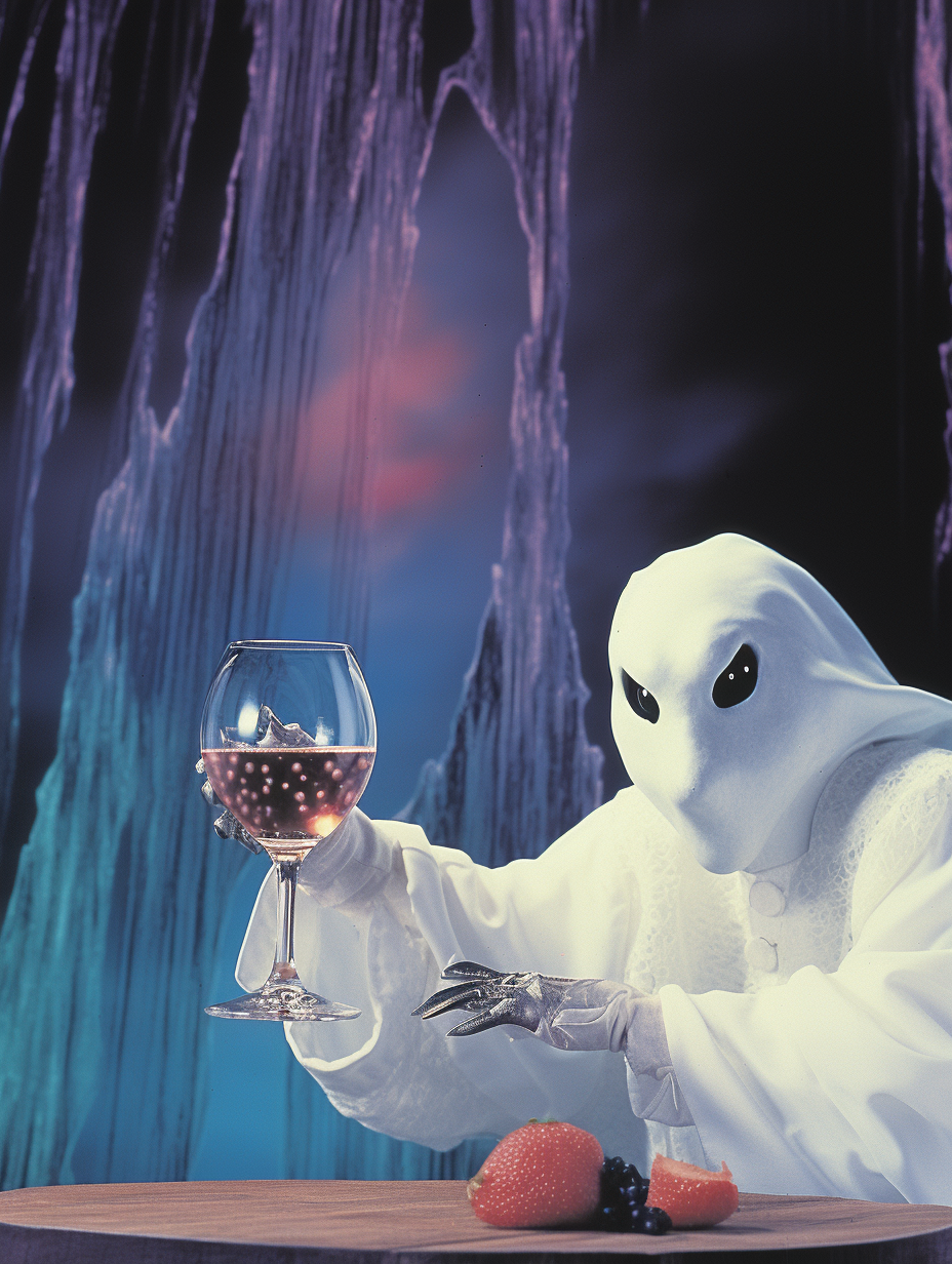 Ghost drinking wine in surreal background