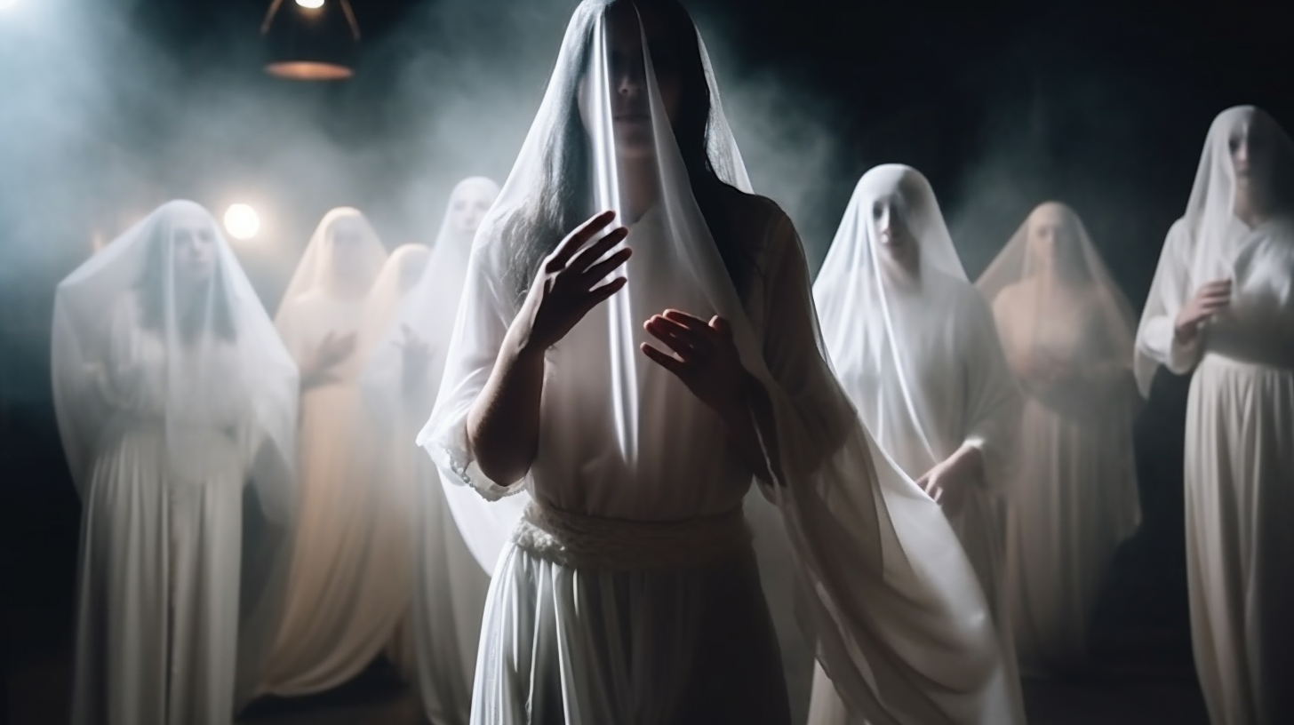 Ghostly Female Dancer in White Dress at Cult Ceremony