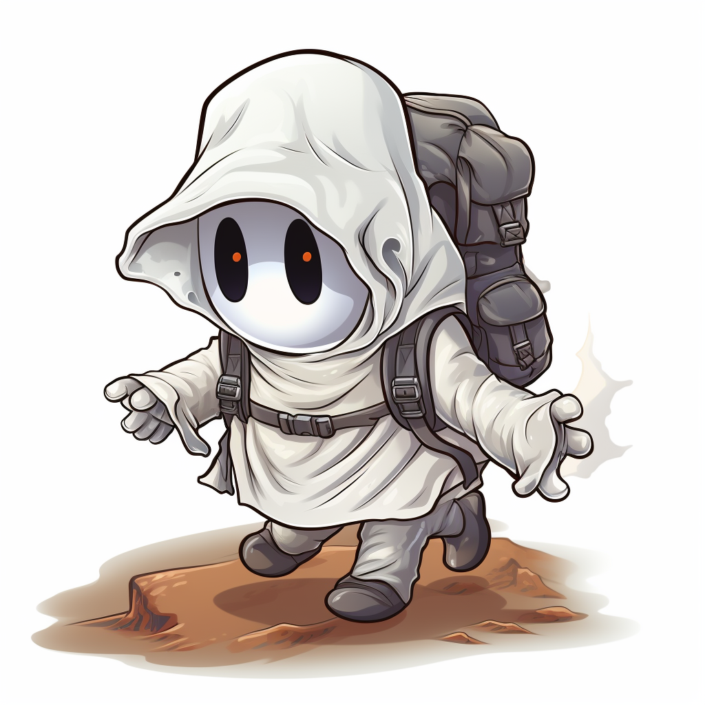 White ghost hiking with hat and backpack