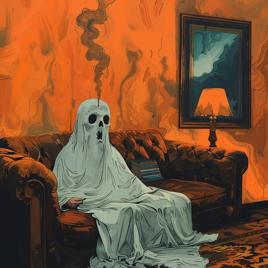 Ghost smoking blunt on orange couch