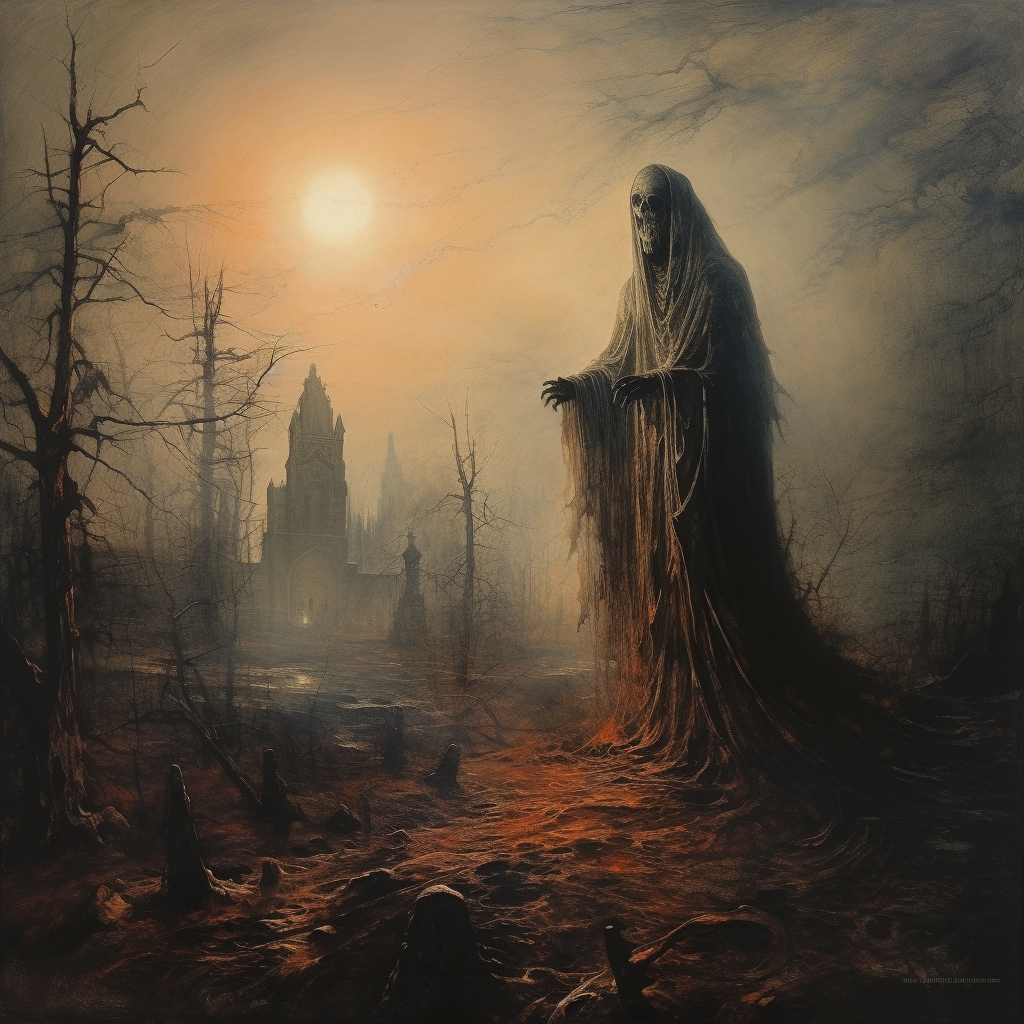 Spooky ghost on graveyard in Beksiński style