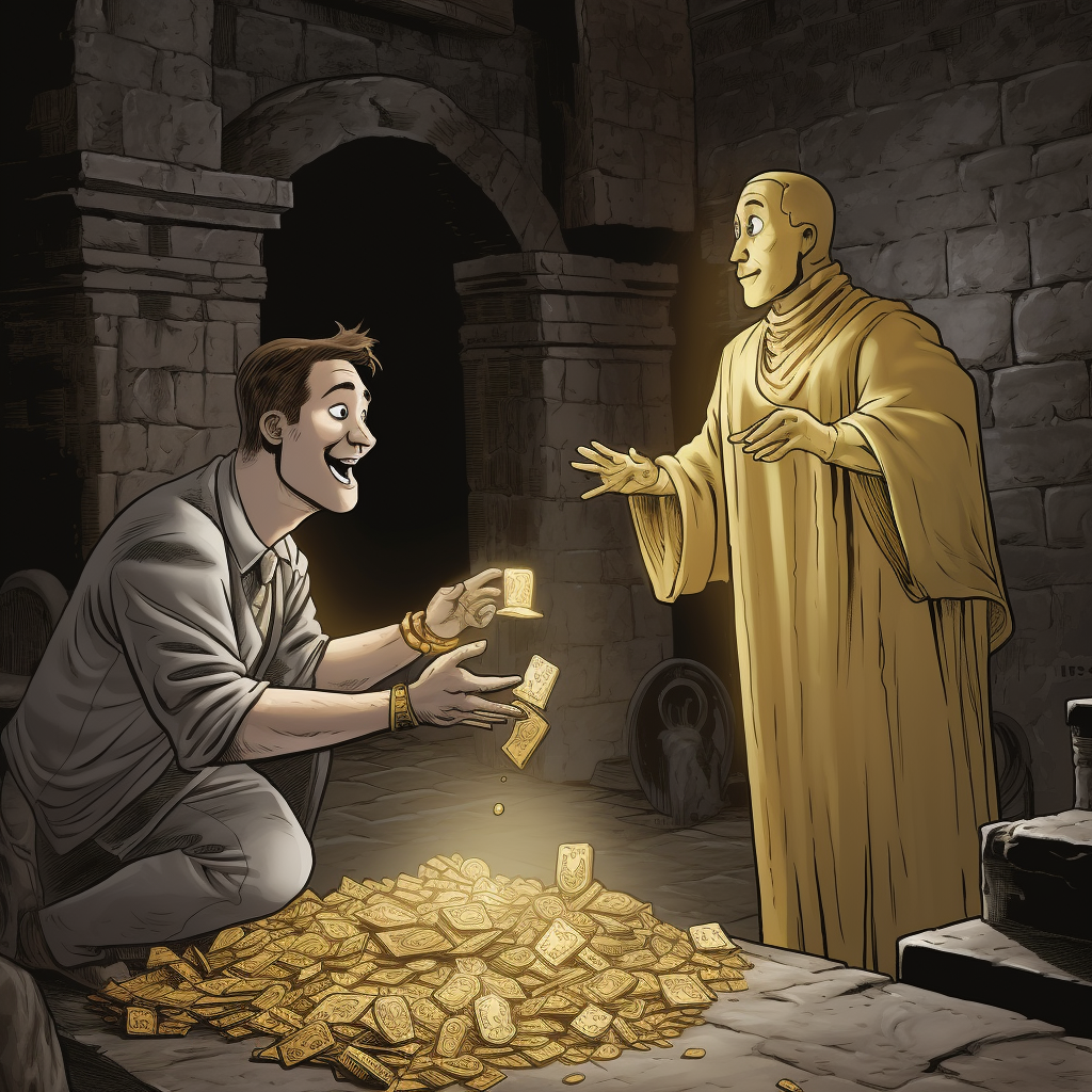 Ghost giving man a gold coin in castle cellar