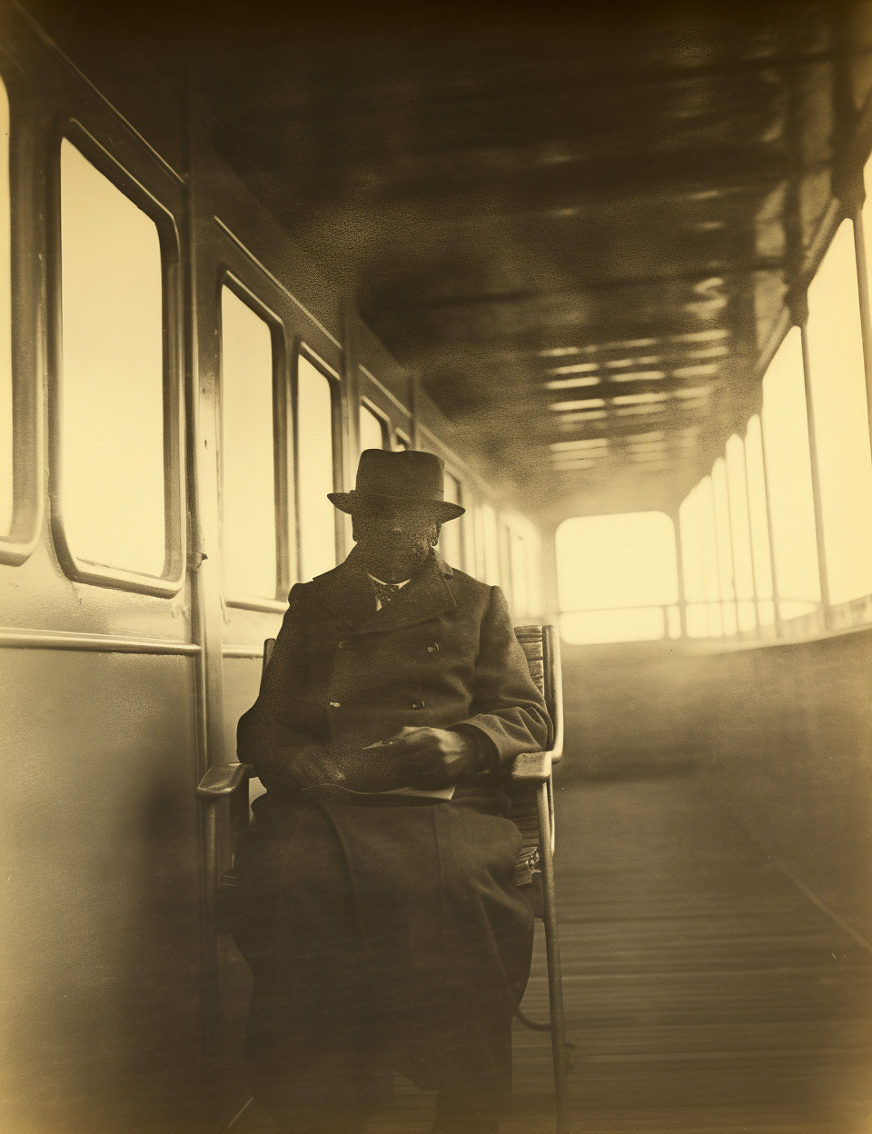 Sepia portrait of ghost passenger on 1920s promenade deck