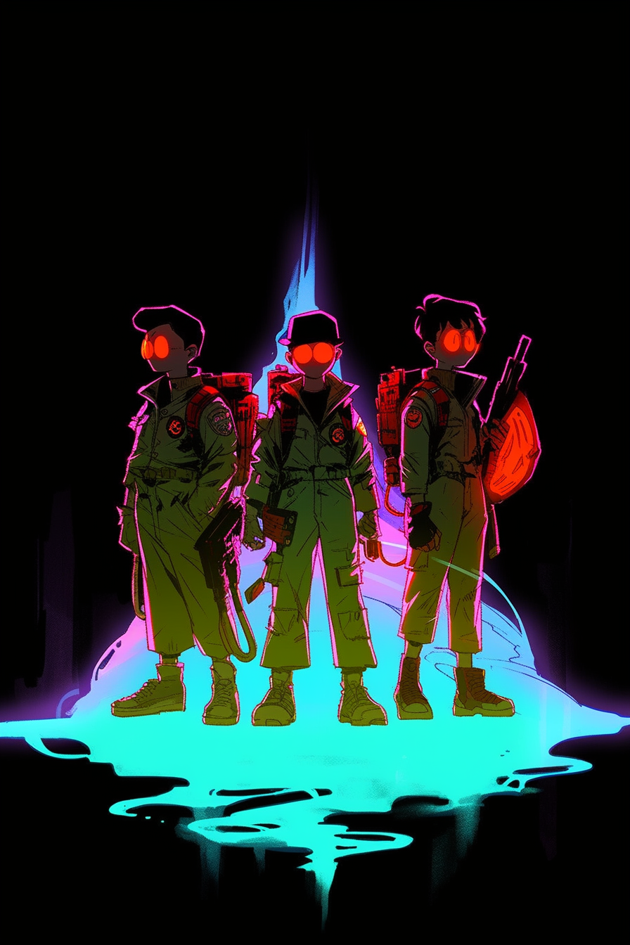 Four ghostbuster kids with long shadows