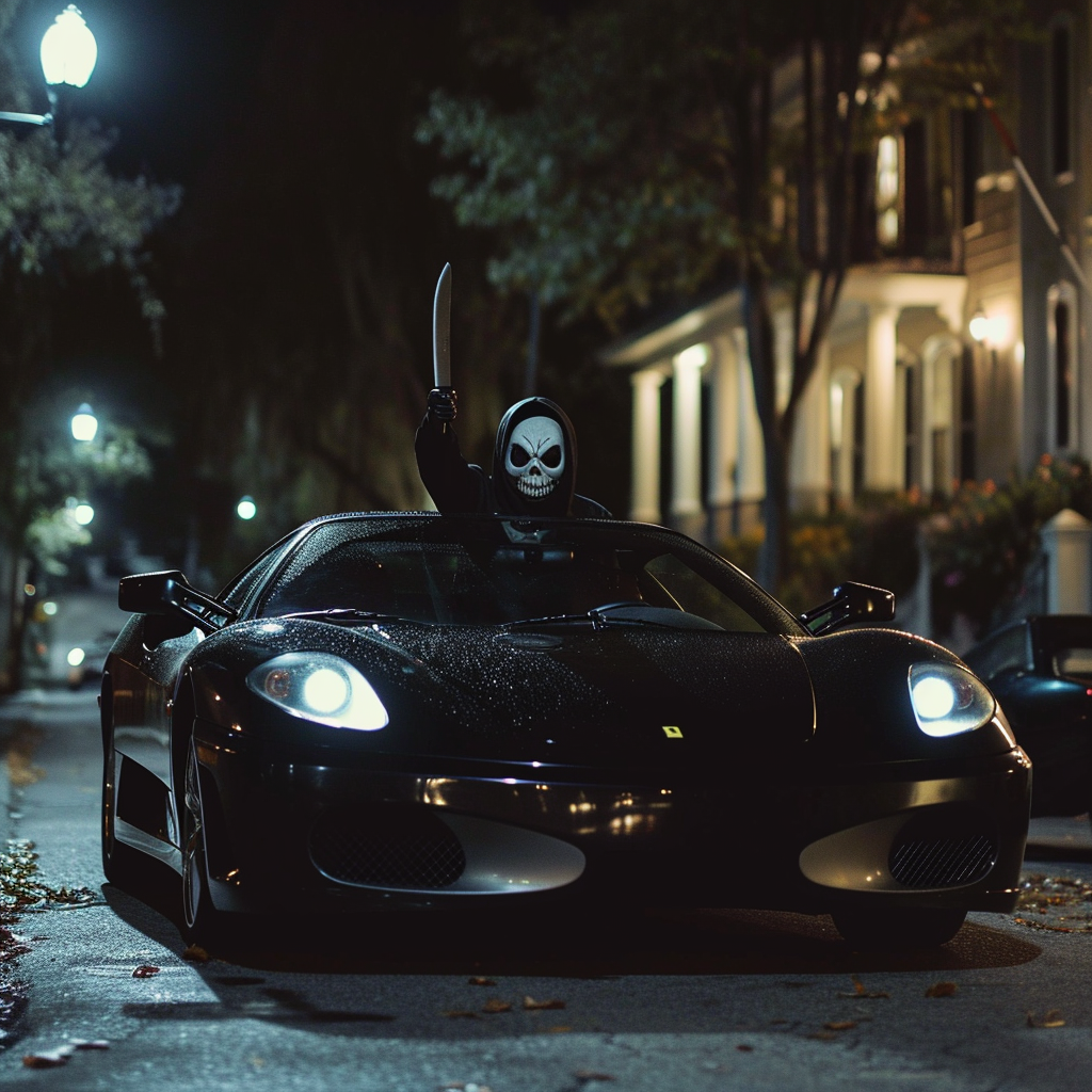 Ghostface holding knife at night on black Ferrari