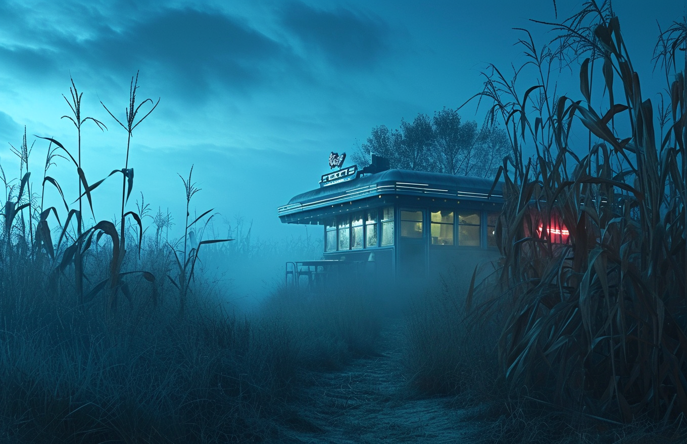 Enigmatic 1950s diner in corn field