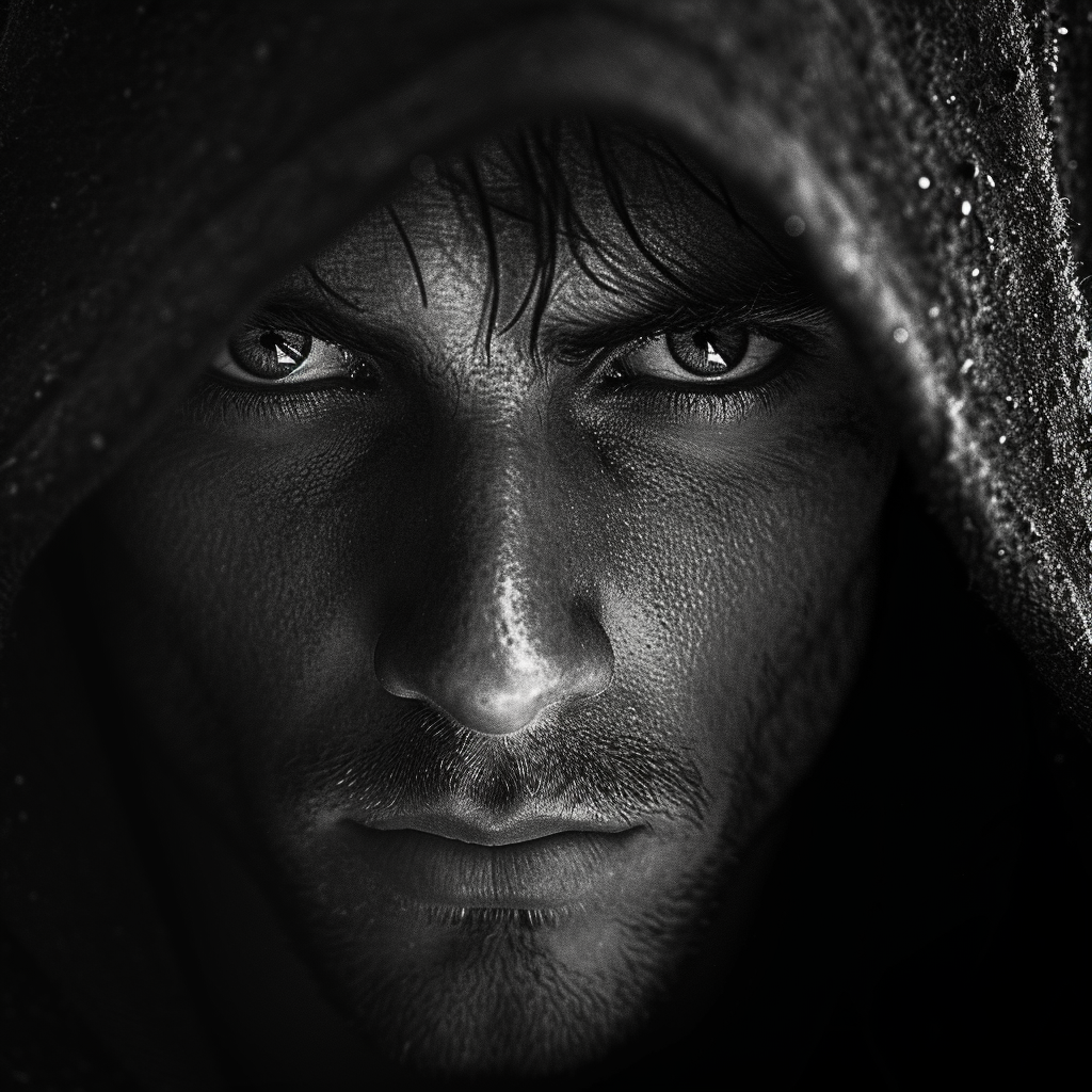 Black and white portrait man with hood