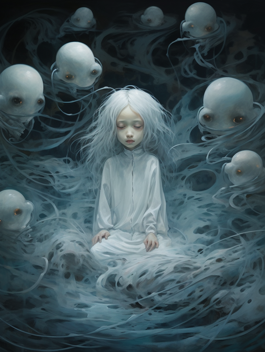 Ghostly children with cyan faces and flowing threads