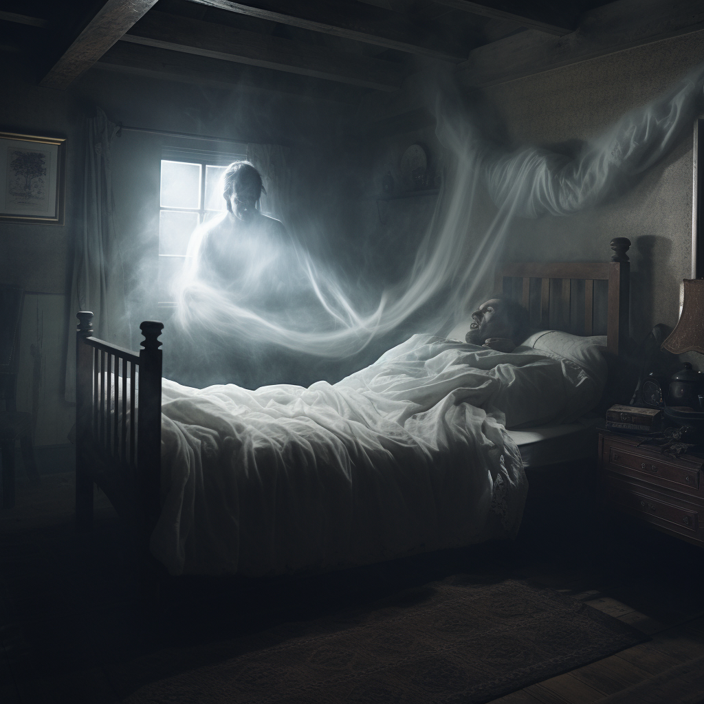 Ghostly figure rising from man on bed