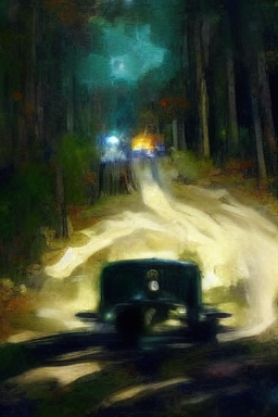 Ethereal glowing police car in spooky pine forest