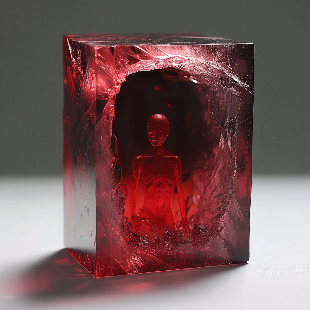 Ghostly human figure in red crystal cube