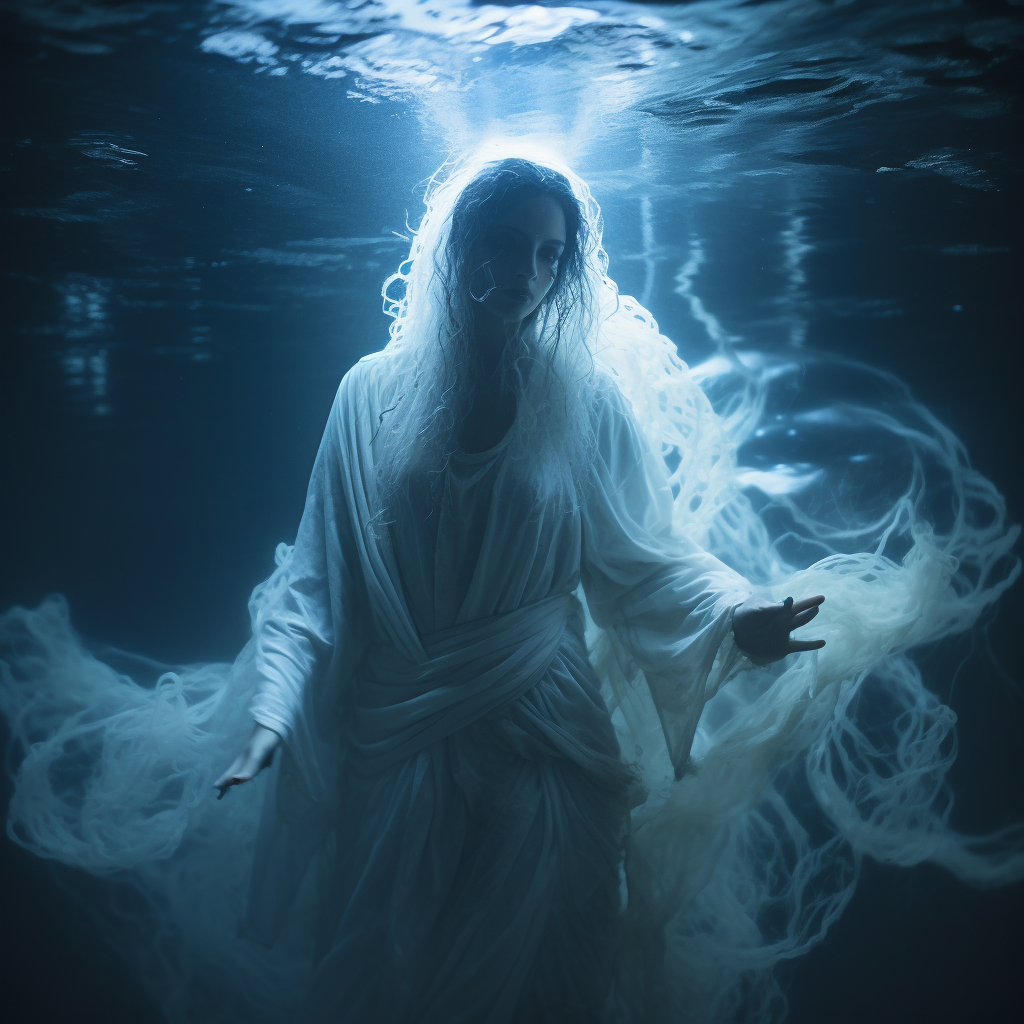 Ghostly Spectral Woman in White Robes with Flowing Hair