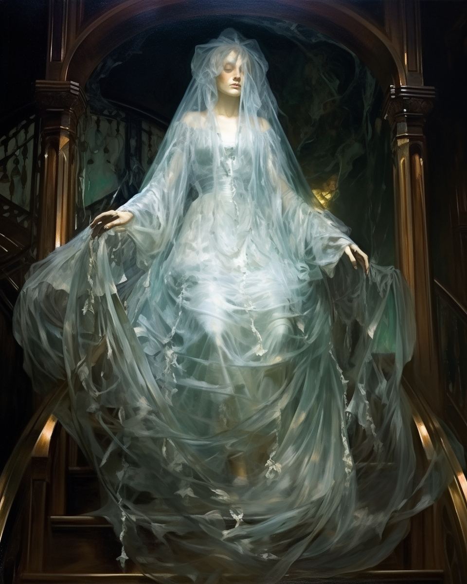 Transparent ghost woman draped in chains