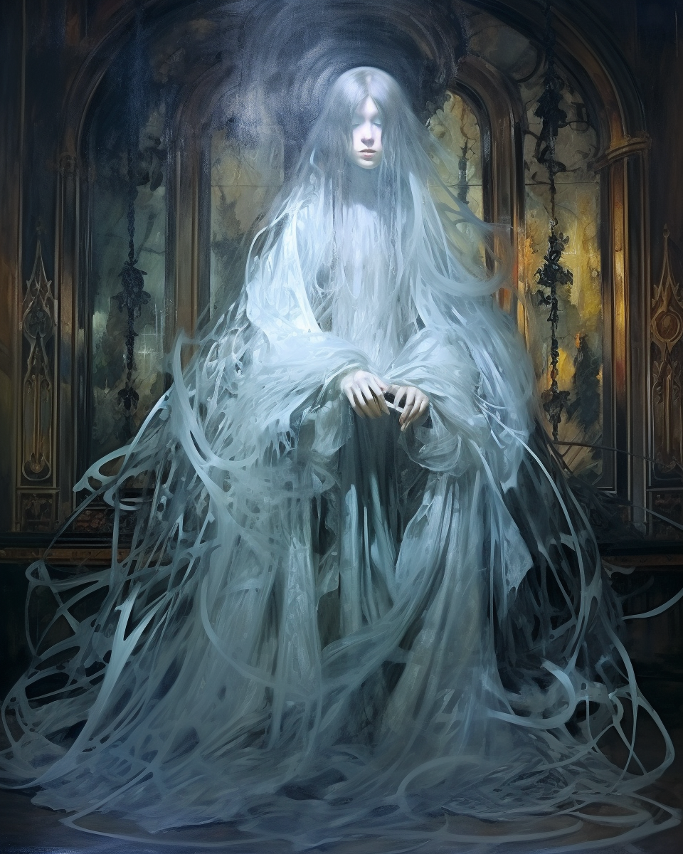 Transparent ghost woman in gauze at abandoned mansion