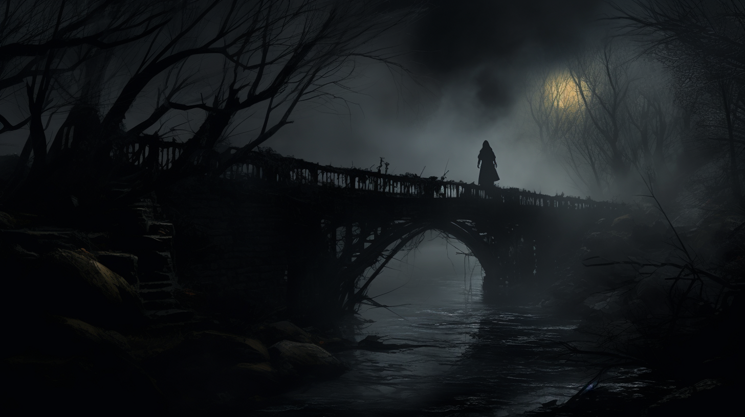 Ghostly figure on a dark and scary bridge