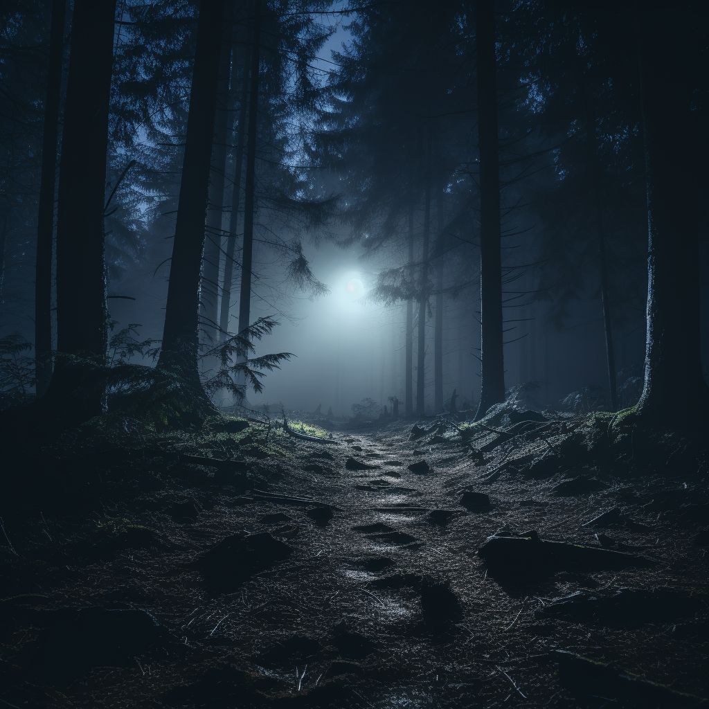 Ghostly footprints in misty forest at nighttime