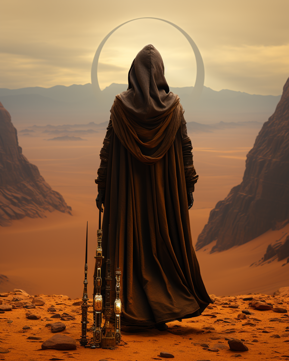 Image of Giant Alien Hourglass and Hooded Druid in Desert