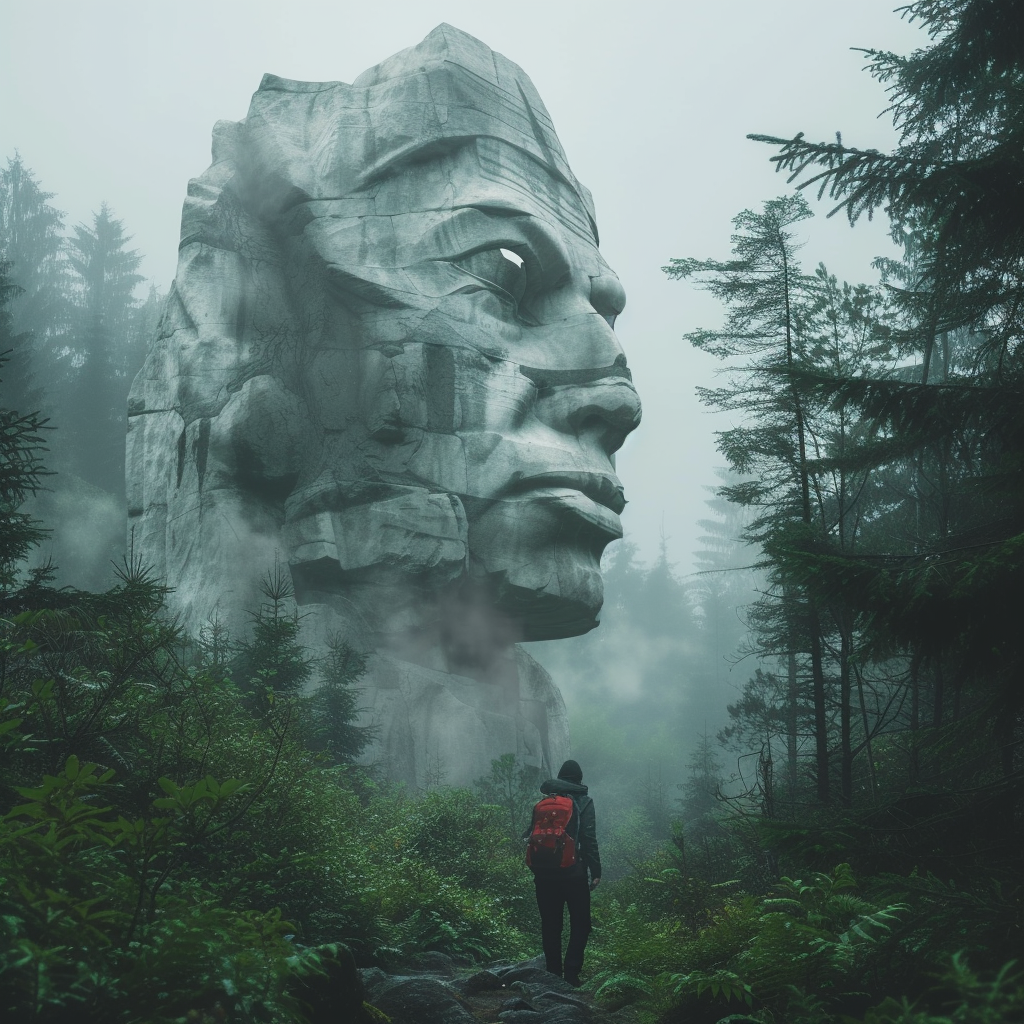 Ancient Head Statue in Green Forest