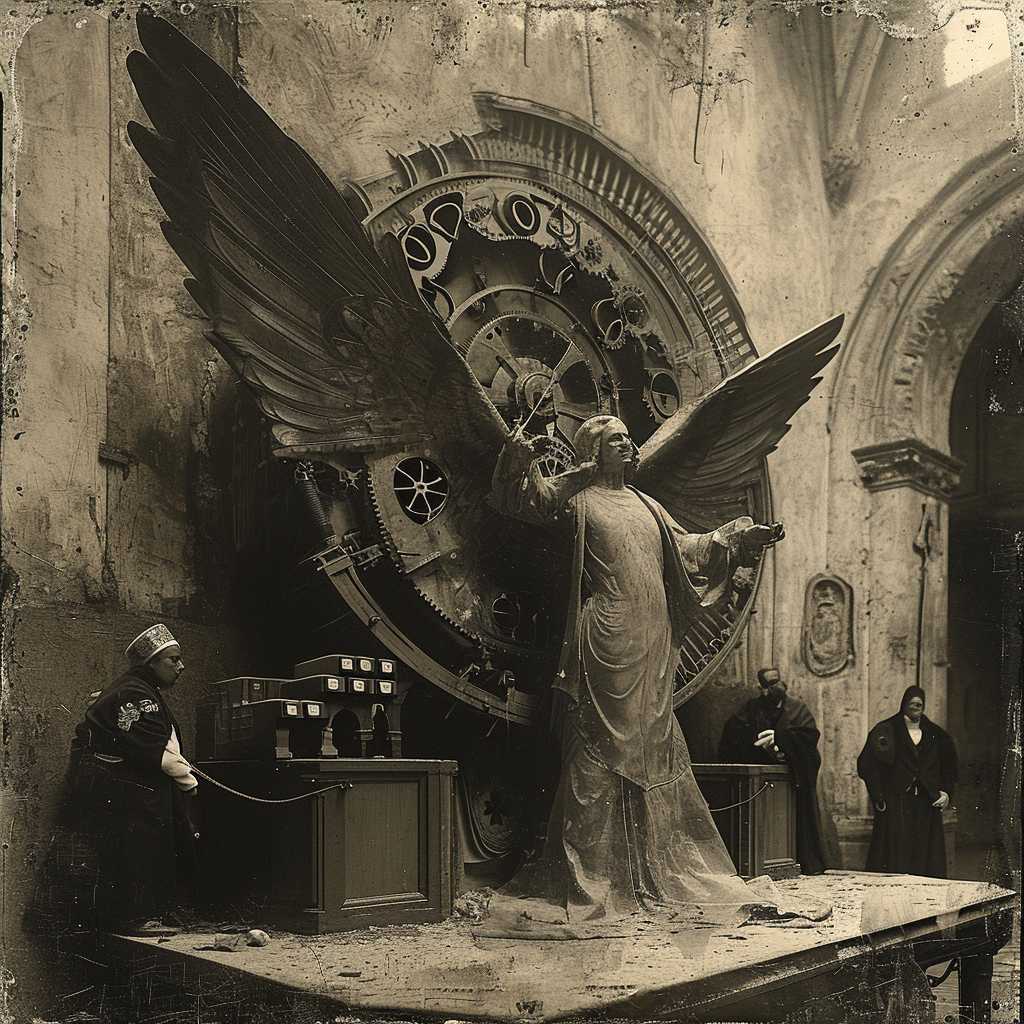 Grainy 18th Century Photography of Giant Angel with Gears