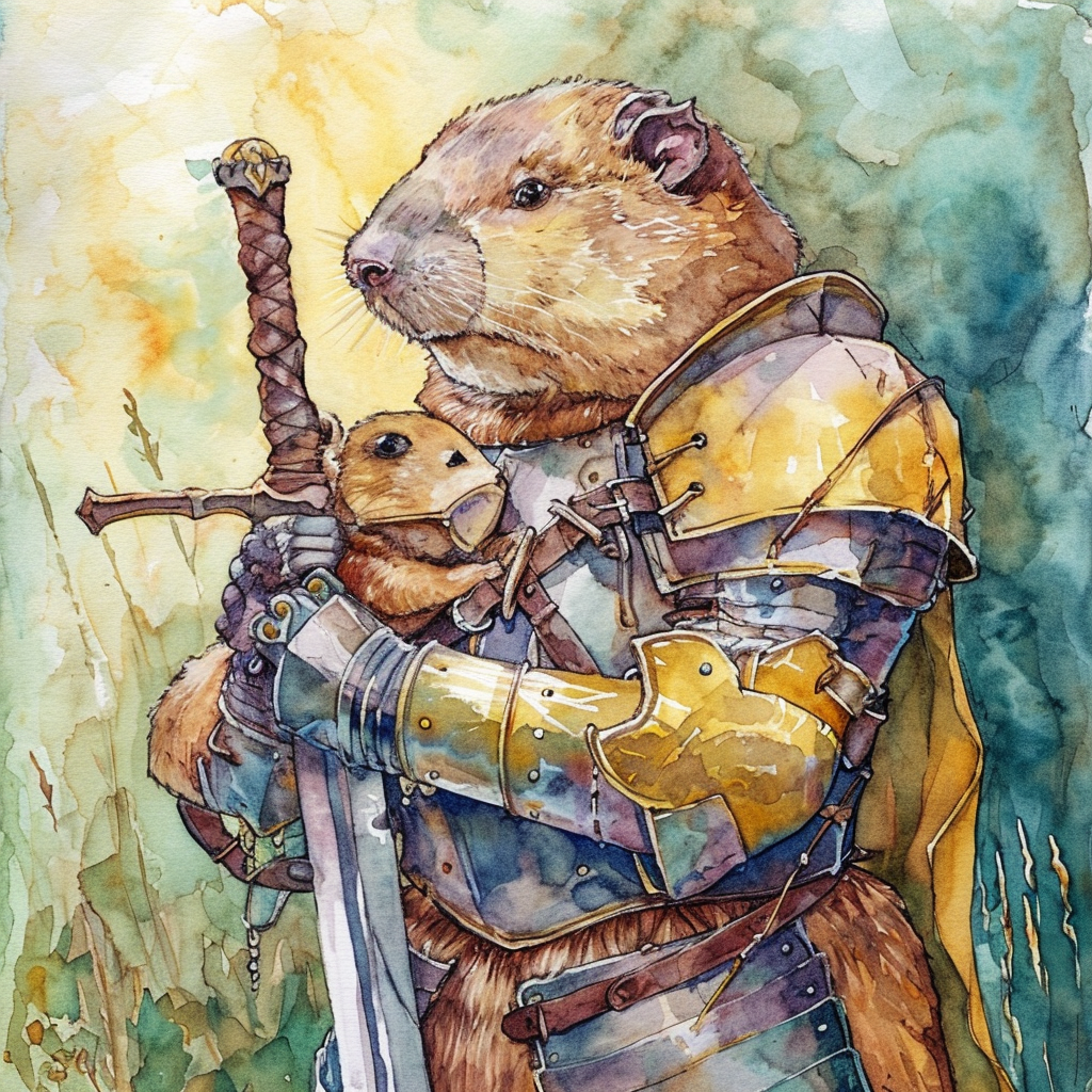 Giant Armored Beaver Holding Golden Knight Illustration