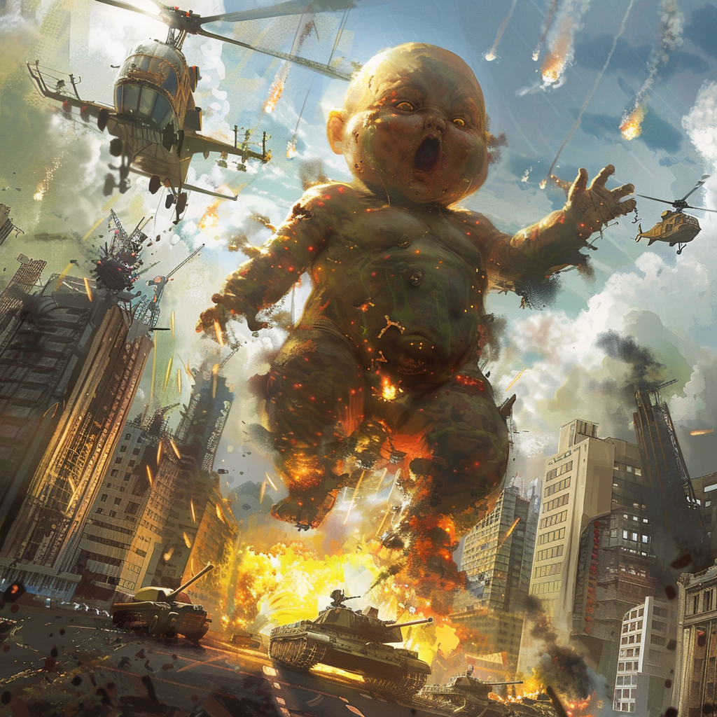 giant baby destroying tanks helicopters