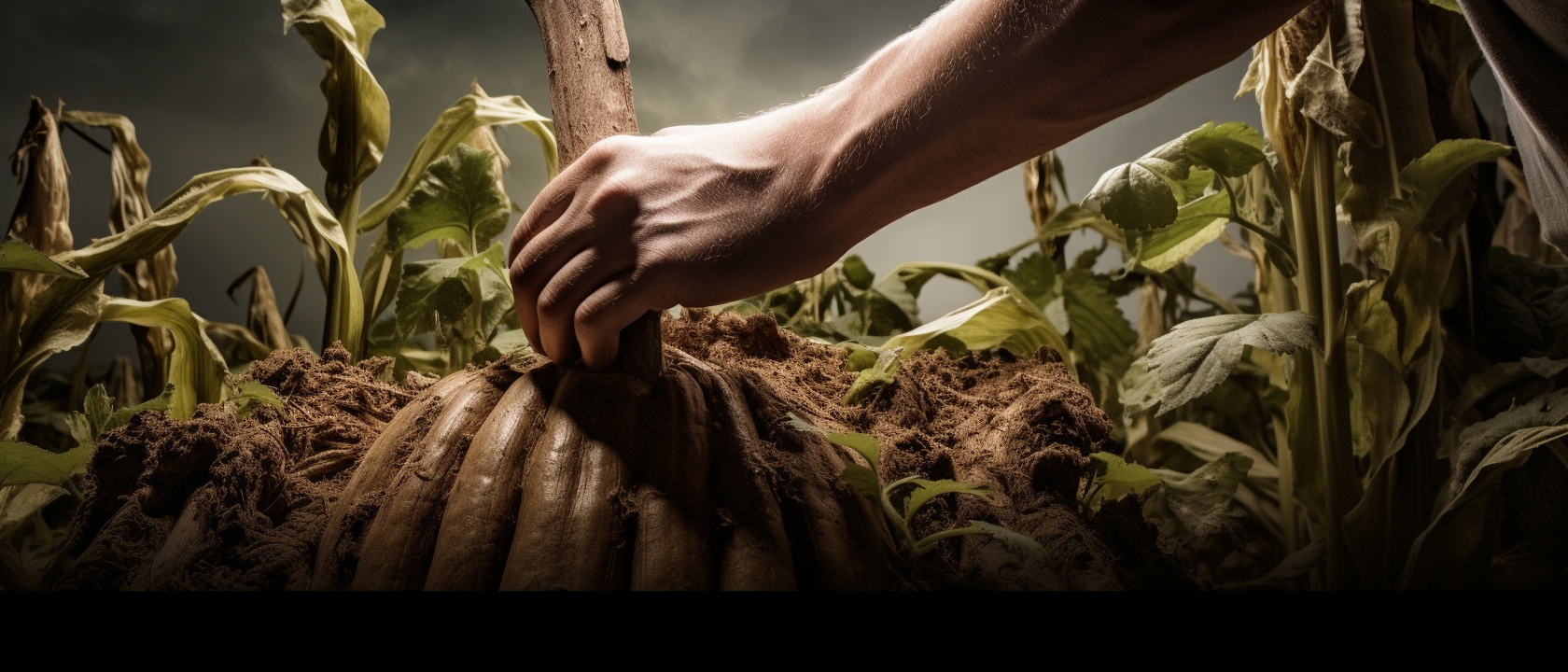 Close up of hands chopping down giant beanstalk