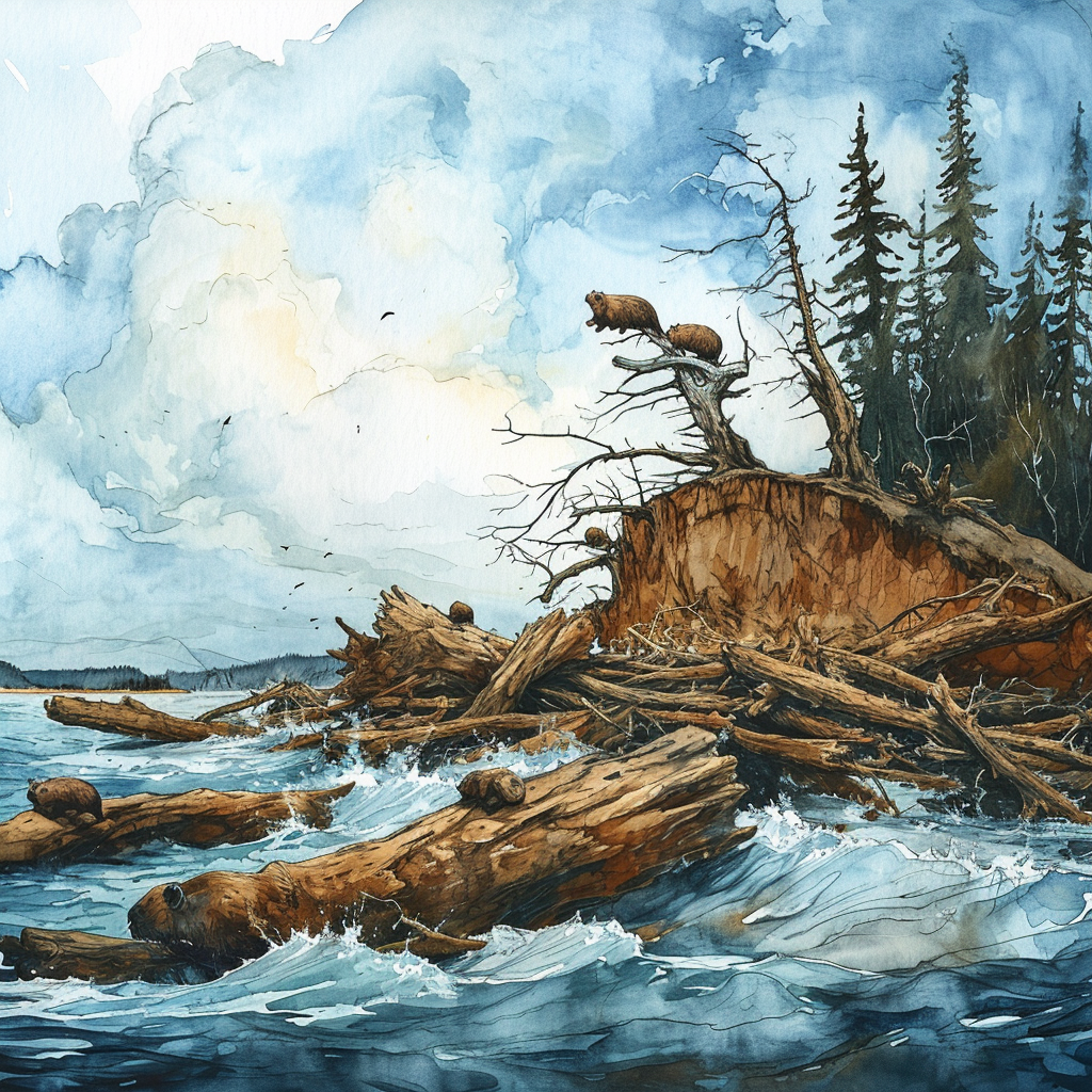 Realistic Watercolor Illustration of a Giant Beaver Dam