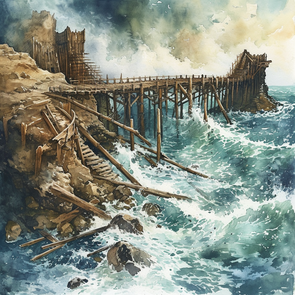 Illustration of a giant beaver dam on an ocean with a lookout bridge