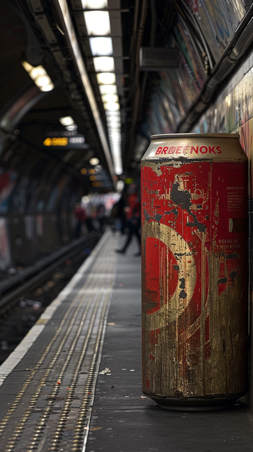 Giant beer can in subway