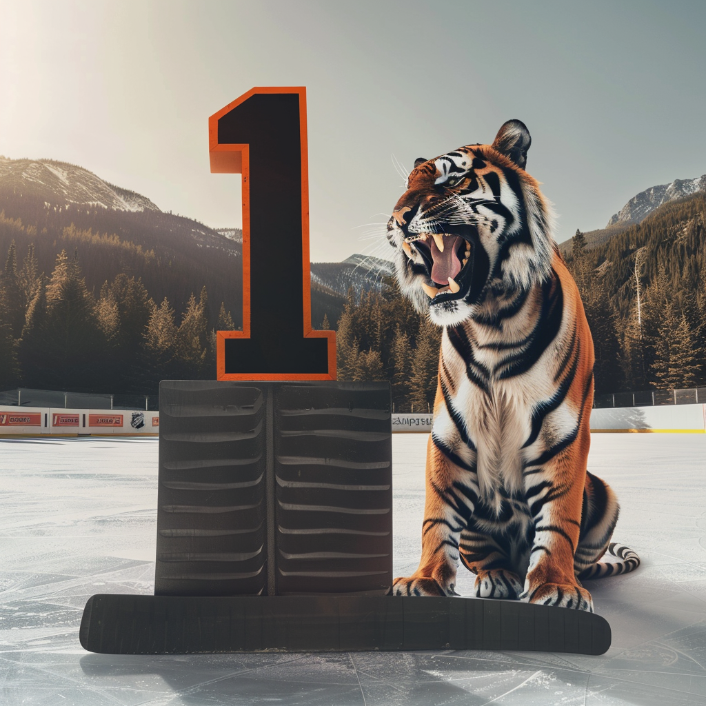 Giant black orange number 1 with tiger on ice