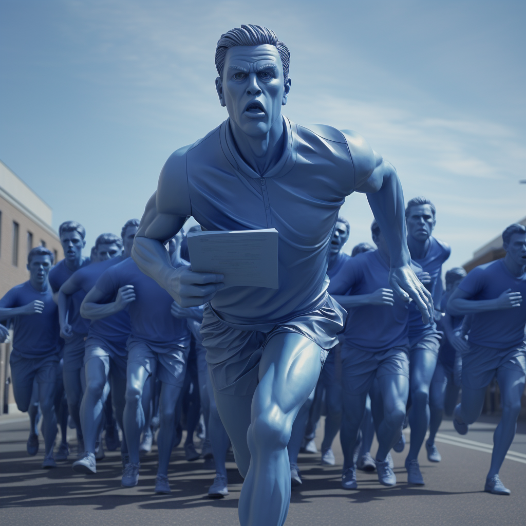 Blue book statue with runners