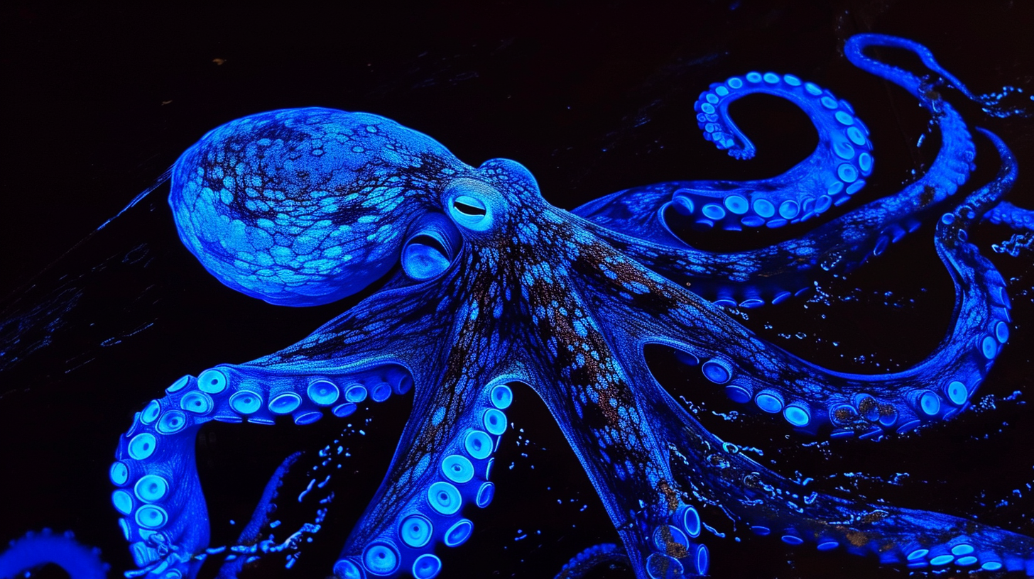 Image of a stunning giant blue phosphorescent octopus