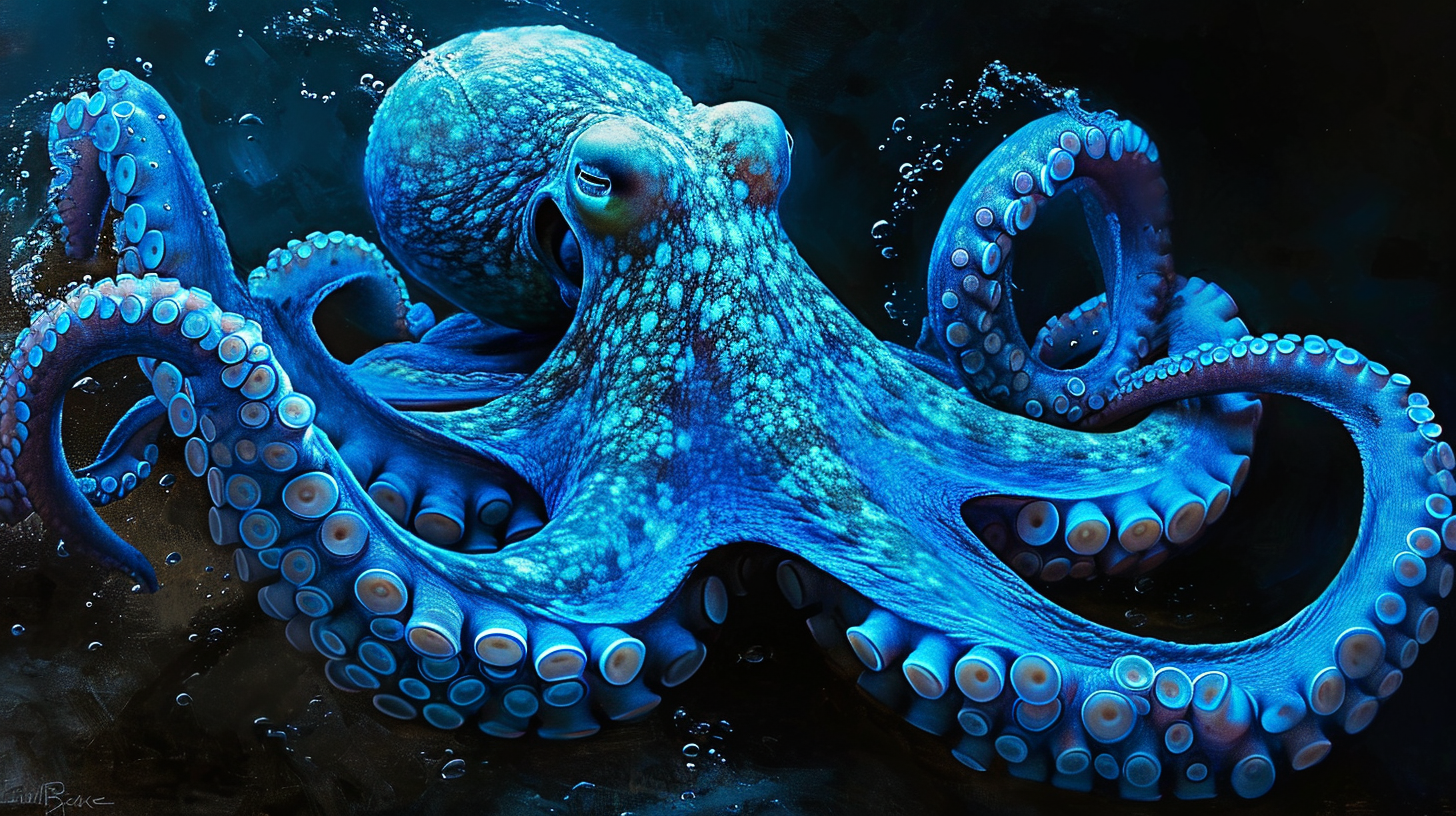 Image of a mesmerizing blue phosphorescent octopus