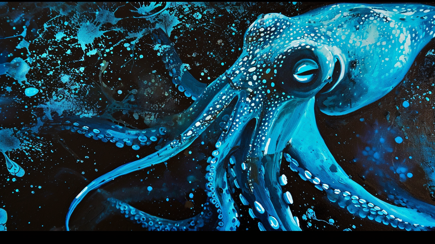 majestic blue squid in dark ink water