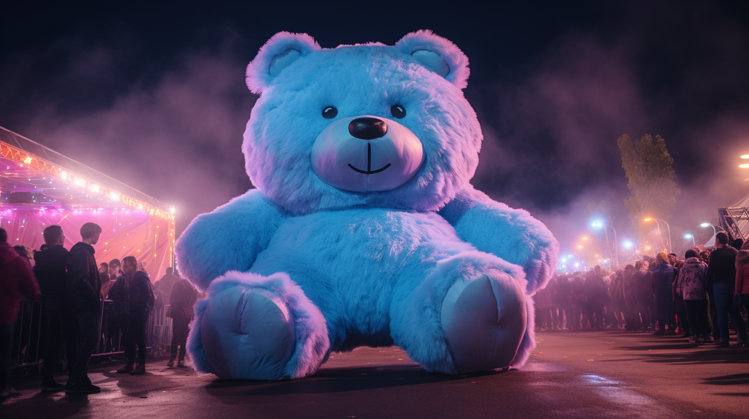 Adorable blue and pink fuzzy teddy bear at carnival