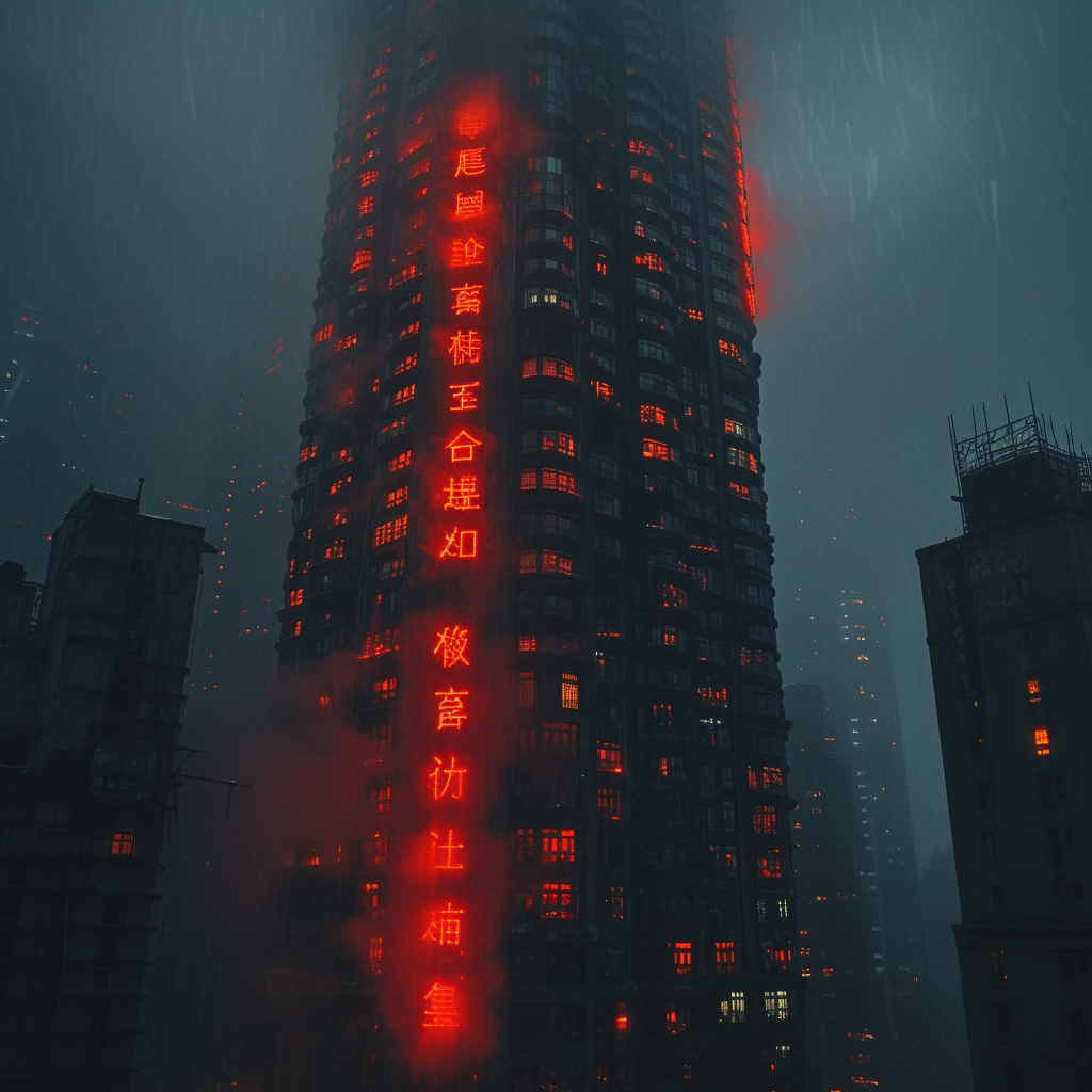 Giant building with snake scales and red window lights