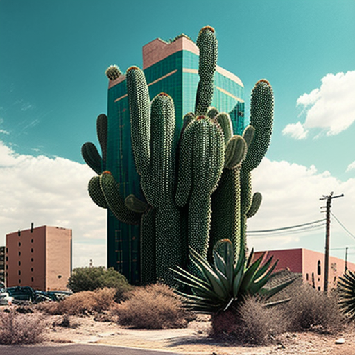 A majestic giant cactus surrounding a tall building