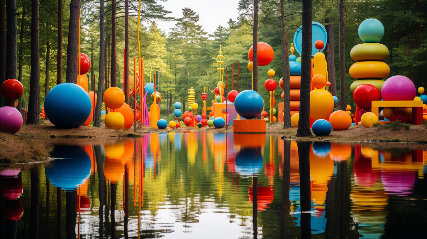 Vibrant art installations in a forest near a lake