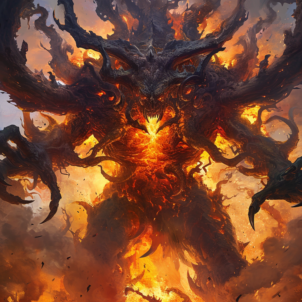 Fierce giant creature surrounded by flames and smoke