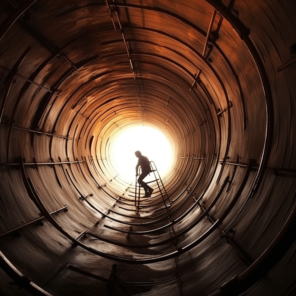 Climbing inside a dangerous giant pipe with scaffolding